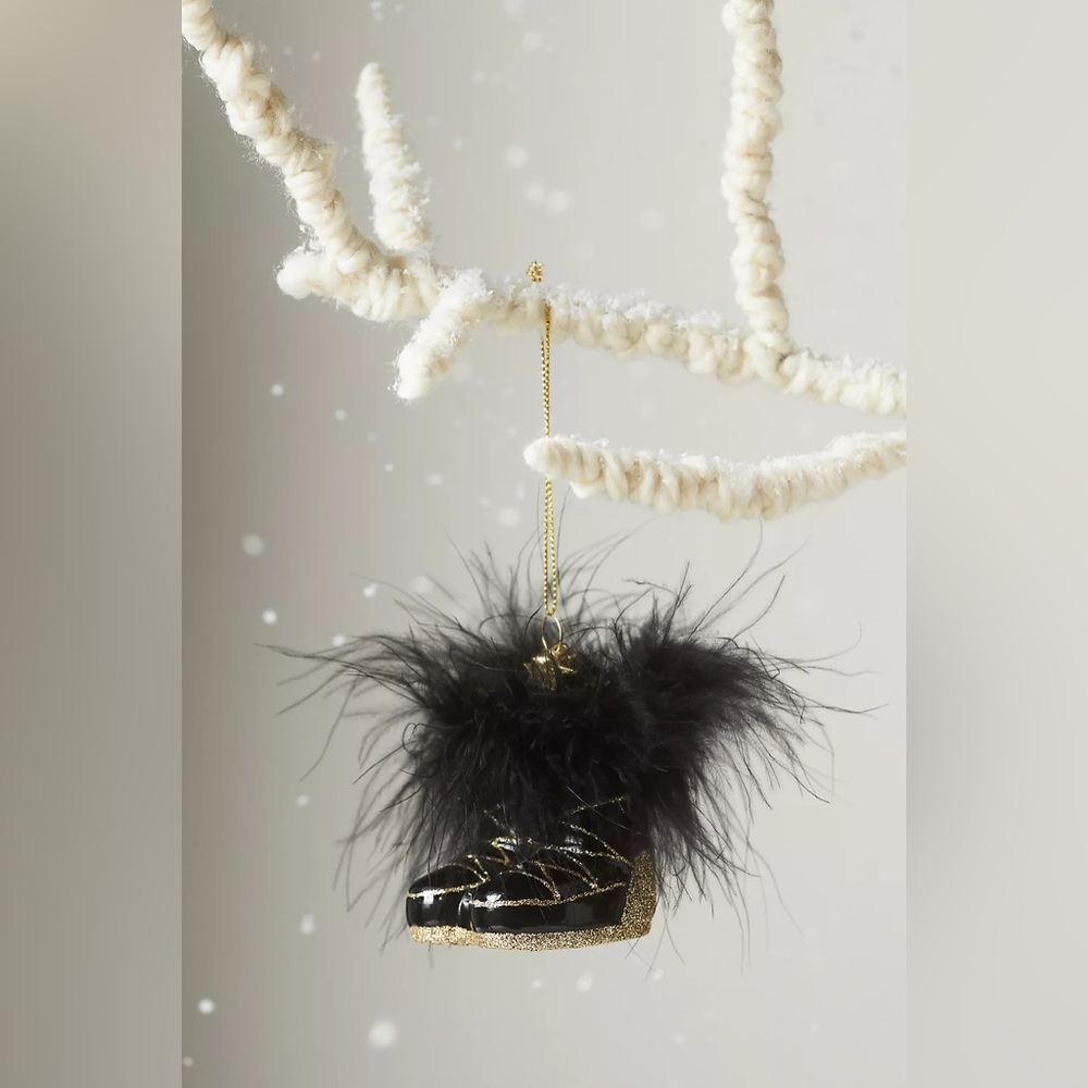 Anthropologie Feather Black & Gold Boots Glass Ornament NWT